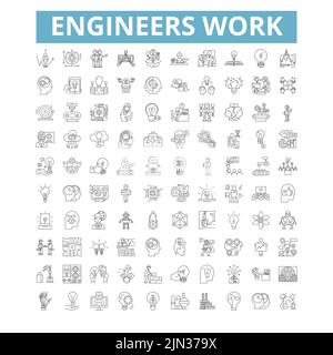 Engineers work icons, line symbols, web signs, vector set, isolated illustration Stock Vector