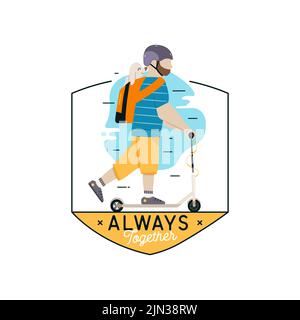 Flat style vector illustration of cartoon male adventurer character with dog in backpack riding scooter while traveling together for t shirt. Stock Vector