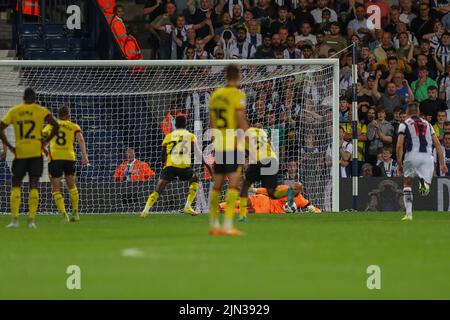 Dave Button #1 of West Bromwich Albion saves a penalty kick from Ismaïla Sarr #23 of Watford Stock Photo