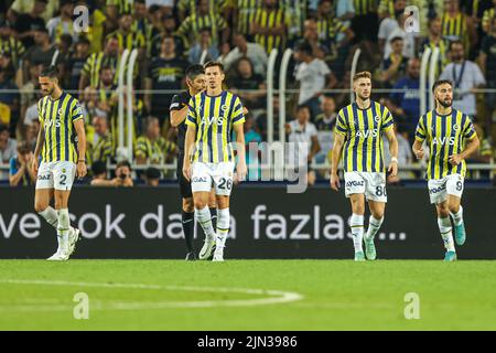 ISTANBUL, TURKIYE - AUGUST 8: Gustavo Henrique of Fenerbahce SK, Miha Zajc of Fenerbahce SK, Ismail Yuksek of Fenerbahce SK, Diego Rossi of Fenerbahce SK during the Turkish Super Lig match between Fenerbahce SK and Umraniyespor at Ulker Fenerbahce Sukru Saracoglu Stadyumu on August 8, 2022 in Istanbul, Turkiye (Photo by /Orange Pictures) Stock Photo