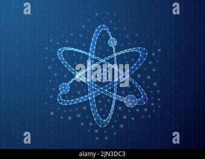 Atom polygonal symbol with binary code background. Atomic neutron concept design illustration. Blue Molecule low poly symbol with connected dots Stock Vector
