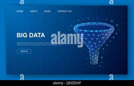 Funnel 3d polygonal website template. Data filter design illustration concept. Low poly Big data symbol for homepage, promotion banner design. Stock Vector