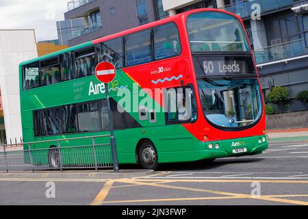 The Airline number 60 double decker bus waiting to turn into Leeds Bus Station from St Peter's Street Stock Photo