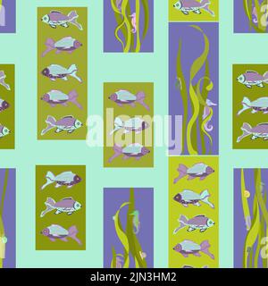 a pattern on a blue background of colorful fish and seahorses in algae Stock Vector