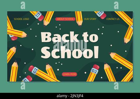 Back to school landing page template with classic yellow pencil with eraser on it. The pencils are arranged in a circle against a green school chalkboard. Vector illustration design with copy space. Stock Vector