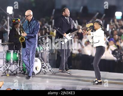 Birmingham, England, 8th August 2022. The Selecter performs during the Commonwealth Games closing ceremony at Alexander Stadium. Picture credit should read: Paul Terry Credit: Paul Terry Photo/Alamy Live News Stock Photo