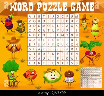 Western cowboy, bandit, sheriff and ranger vegetable characters. Word search quiz game. Kids riddle vector worksheet with eggplant, avocado, pumpkin, cauliflower and broccoli, tomato and garlic Stock Vector