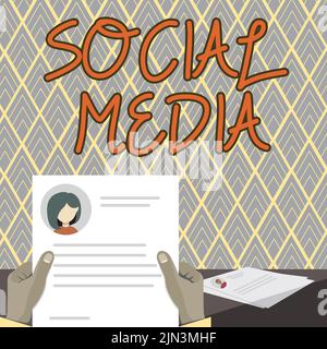 Conceptual caption Social Media. Business approach Online communication channel Networking Microblogging Hands Holding Resume Showing New Career Stock Photo