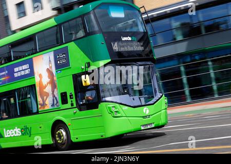 Double decker bus in Leeds City Centre operated by First Bus Company Stock Photo