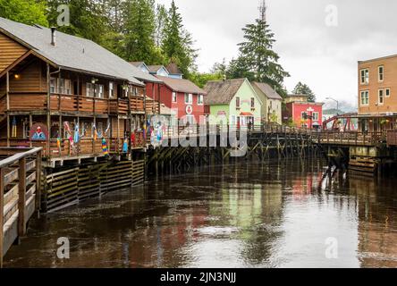 Ketchikan, AK - 10 June 2022: Famous Creek Street boardwalk and shops in Ketchikan Alaska Stock Photo
