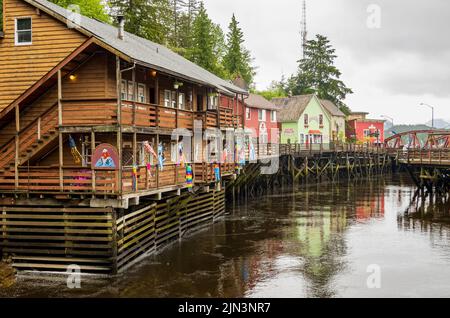 Ketchikan, AK - 10 June 2022: Famous Creek Street boardwalk and shops in Ketchikan Alaska Stock Photo