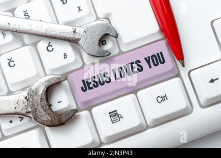 Text sign showing Jesus Loves You. Business showcase Believe in the Lord To have faith religious person -49102 Stock Photo