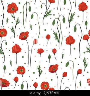 Red poppy florals and garden flowers. Seamless pattern illustration.hand drawn style ,Design for fashion ,fabric,wallpaper, prints Stock Vector