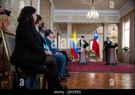 Bogota, Colombia, August 8, 2022. Chile's president Gabriel Boric (Left) and Colombian President Gustavo Petro (Right) speak during a press conference with the presidents of Colombia and Chile, in Bogota, Colombia, August 8, 2022. Photo by: Chepa Beltran/Long Visual Press Stock Photo