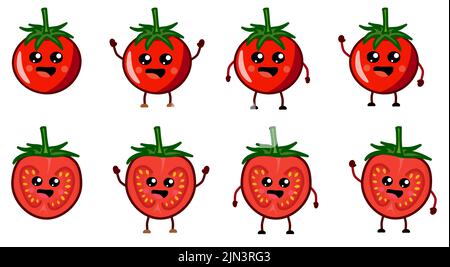 Cute kawaii style tomato vegetable  icon, smiling. Whole and cross cut version with hands raised, down or waving Stock Vector