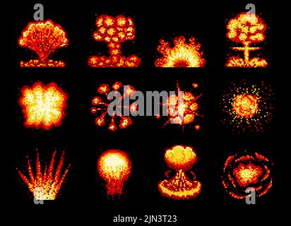 Pixel game explosion, burst, fire. Air attack hit burst pixel game asset, atomic bomb explosion flash retro arcade vector asset. Dynamite explosive fiery detonation 8bit game pixel icons Stock Vector