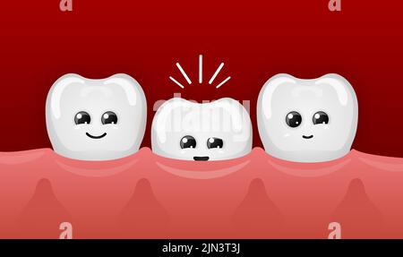 Milk teeth or baby tooth cartoon characters. Vector mouth and gum of child with happy smiling healthy primary teeth, kids dentistry and dental health themes, growth of first tooth Stock Vector