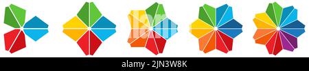Triangles with different shades arranged on circle creating flower or star like shape. Version with three to seven objects. Can be used as infographic Stock Vector