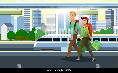 Tourists with backpacks and suitcases. Walks and smiles. Near train railway station. Boy and girl or husband and wife. Vector. Stock Vector