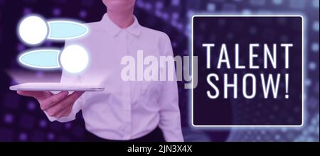 Conceptual caption Talent Show. Business idea Competition of entertainers show casting their performances Woman Holding Pad Presenting Graphic S With Stock Photo