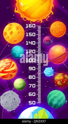 Galaxy kids height chart, cartoon space planets and stars. Vector growth measure wall sticker scale for children height measurement. Universe, outer cosmos with shining solar system or fantasy planets Stock Vector