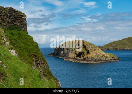 Island in Tulm Bay from Duntulm Castle, Isle of Skye, Scotland Stock Photo