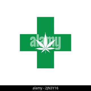 Green cross and leaf of marijuana. Concept of medicinal cannabis and therapeutic weed for healthcare, growing, and CBD Stock Vector