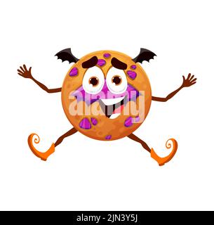 Cartoon Halloween gingerbread cookie character, vector funny sweet dessert with bat wings and cute smiling face. Patisserie or confectionery for kids trick or treat party. Isolated naughty personage Stock Vector