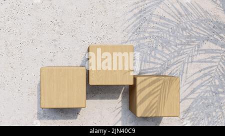 A 3d rendering image of wooden product stand on the concrete wall.  Palm leave shadow on the wall. Stock Photo