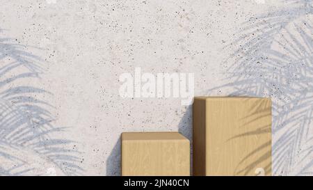 A 3d rendering image of wooden product stand on the concrete wall.  Palm leave shadow on the wall. Stock Photo