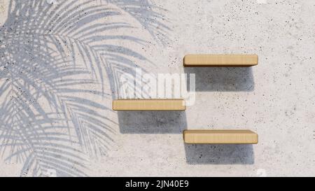 A 3d rendering image of wooden product stand on the concrete wall.  Palm leave shadow on the wall. Stock Photo