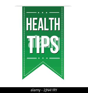 Health tips green ribbon or banner design on white background, vector illustration Stock Vector
