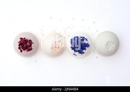 Beautiful natural handmade bath bombs on a white background Stock Photo