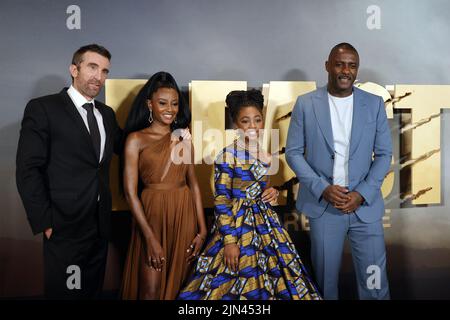 New York, United States. 08th Aug, 2022. The cast from Left to Right: Sharlto Copley, Iyana Halley, Leah Jeffries and Idris Elba arrive on the red carpet for the World Premiere of Beast at The Museum of Modern Art in New York City on Monday, August 08, 2022. Photo by Jason Szenes/UPI Credit: UPI/Alamy Live News Stock Photo