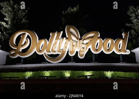 The entrance to Dollywood with the amusement park logo. Dollywood is Dolly Parton's famous amusement park located in the Smoky Mountains. Stock Photo