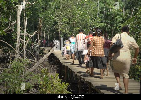 Villagers walking on a wooden walkway built above coastal wetland in Horale village, Seram Utara Barat, Maluku Tengah, Maluku, Indonesia. Stock Photo