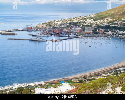 South Africa aerial coastal scene with marina and naval base in bay at Simon's Town. Stock Photo