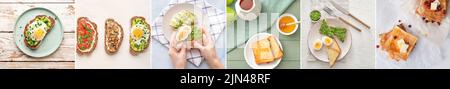 Set of tasty toasts with eggs, mushrooms, avocado, cheese, honey and berries on light background, top view Stock Photo