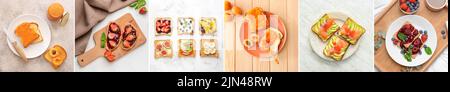 Set of tasty toasts with seafood, avocado, jams and fruits on light background, top view Stock Photo