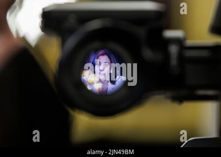 United States Vice President Kamala Harris is seen through the viewfinder of a television camera as she speaks during meeting with university and college presidents on access to reproductive health care in the Vice President's Ceremonial Office in Washington, DC, US, on Monday, Aug. 8, 2022. Democrats are banking on the Supreme Court's decision to push voters angry over new abortion restrictions to the polls in November to help stave off midterm losses that could cost the party control of the House and Senate. Credit: Sam Corum/Pool via CNP Stock Photo