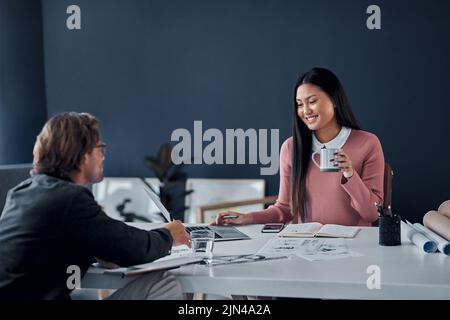 Shes loving the new designs. two young architects going over designs on a laptop together in their office. Stock Photo