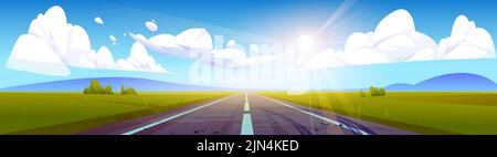 Empty motor road and green field landscape cartoon illustration. Vector image of bright sun shining in blue sky with fluffy white clouds. Beautiful summer countryside view. Way to future success Stock Vector