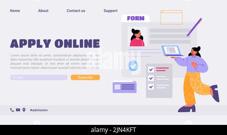 Service of apply online, register form on website. Vector landing page of digital admission and application registration with flat illustration of woman completes request online Stock Vector