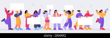 Group of women protesting vector flat characters. Crowd of female activists rally for rights protection, holding blank placards, chanting into megaphone. Feminist demonstration, girl power movement Stock Vector