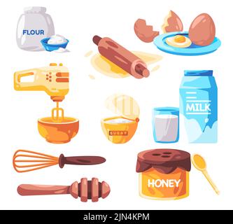 Baking bread ingredients and kitchen utensil mixer sugar flour egg milk cooking recipe Stock Vector