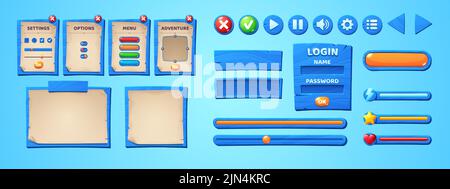 Game ui menu interface, scrolls and antique parchments on blue wooden boards. Cartoon wood textured planks, gui graphic elements. User panel with settings, options or adventure isolated 2d vector set Stock Vector