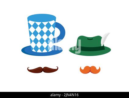Oktoberfest cupcake with hat ana mustache isolated on white background. Stock Vector