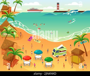 A vector illustration of People Having Fun on the Beach during Summer Stock Vector