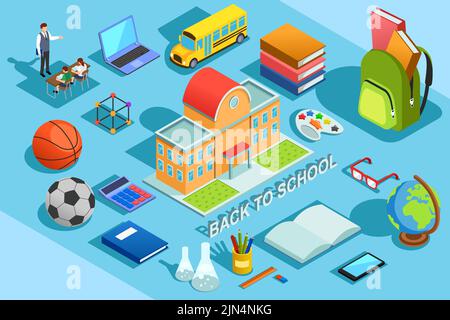 A vector illustration of Back to School Isometric Objects Stock Vector