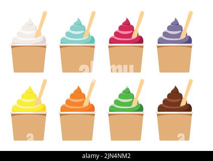 Soft ice cream in eco cup and popsicle stick set isolated on white background. Stock Vector